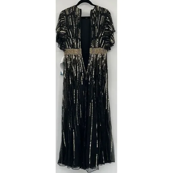 Mac Duggal 93582 Flare Sleeve‎ Embellished Dress Black Gold Cap Sleeve - flaws - Picture 8 of 11